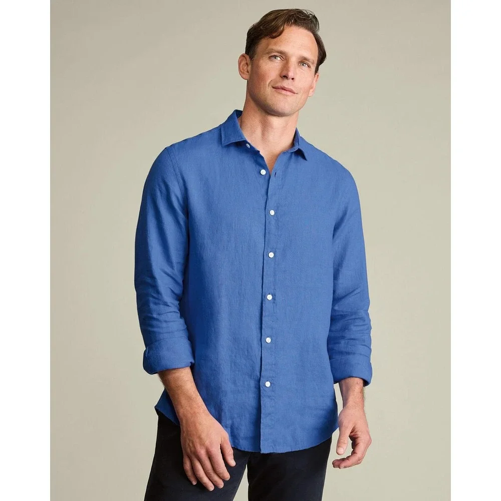 Charles Tyrwhitt Mens Pure Linen Slim Fit Shirt Cornflower Blue XXL $139 - Picture 4 of 16